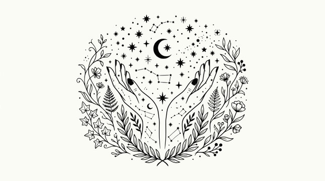 Mystical hands holding celestial stars, crescent moon, constellations, and botanical elements