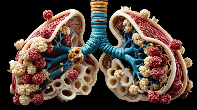 Diseased Lungs Anatomy: A detailed, artistic representation of human lungs, revealing alveoli impacted by disease, depicted with striking, morbid beauty.