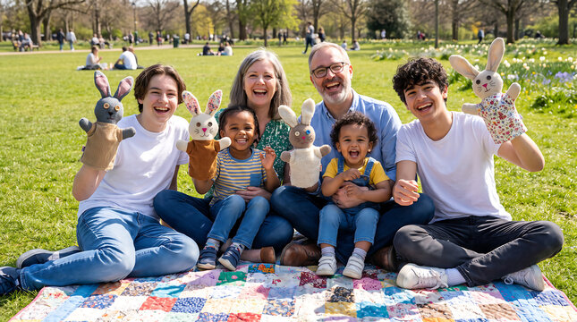 Cheerful group holding easter bunny hand puppets in sunny park