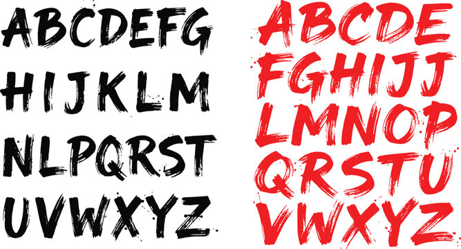 Two complete sets of alphabet letters in bold black and red grunge brush stroke style with alphabet typography handwritten distressed uppercase creative artistic isolated collection