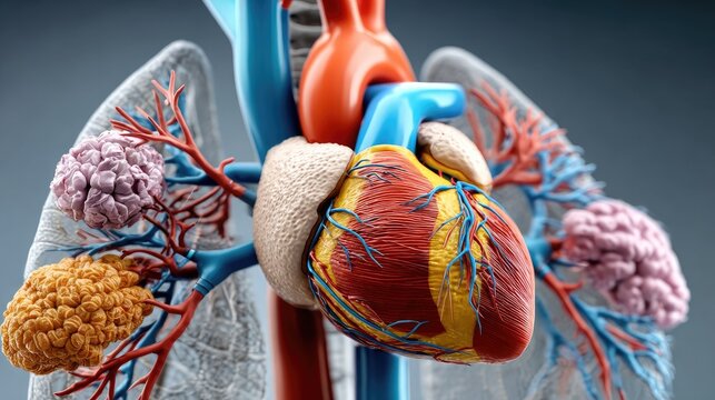 Anatomical Heart and Lungs: A detailed illustration of the human heart and lungs, showcasing the intricate network of arteries and veins, presented against a clean, modern backdrop.