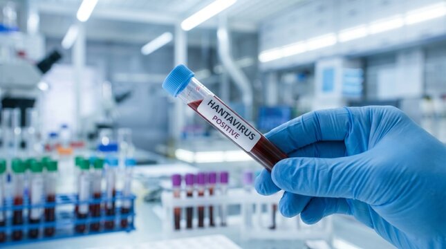 A gloved hand holds a blood sample tube marked 'ANTIBODIES' in a medical laboratory, with other test tubes and equipment blurred in the background, indicating scientific research or diagnostic testin.