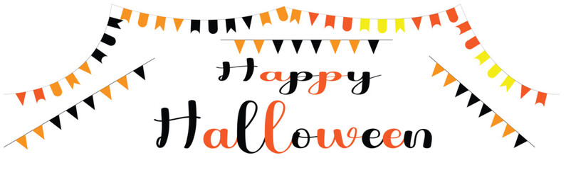 Happy halloween greeting card design with hanging party flags and minimalist typography art. © Ai Gallerybd