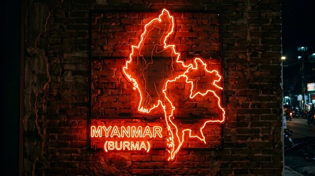 Bright neon sign displaying the map of Myanmar Burma mounted on a dark textured brick wall shining with vibrant orange light during the quiet night time
