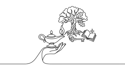 Obraz premium Hand holding magic lamp with wisdom tree, key, and book, continuous line art