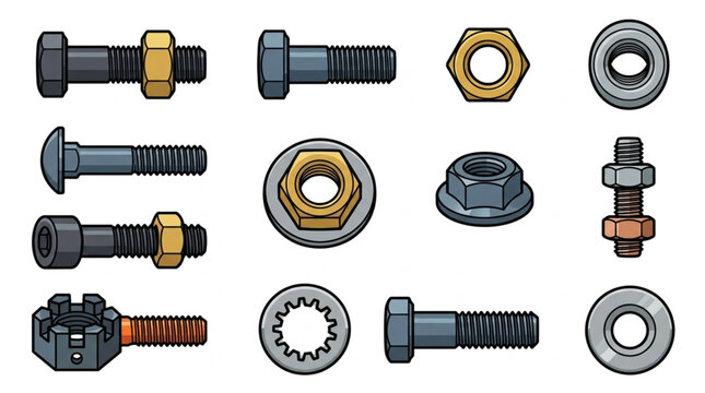 Collection of various bolts nuts and washers isolated on white background.