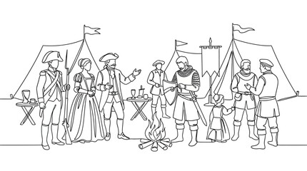 Obraz premium Historical Camp Scene: Soldiers and Civilians Gather Around a Campfire