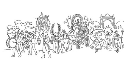 Obraz premium Vintage Procession Scene: Parade with Horse-Drawn Carriage, Musicians, and Dancers