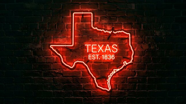 Bright red glowing neon sign shaped like the map of Texas featuring the established date of eighteen thirty six mounted on a dark textured brick wall