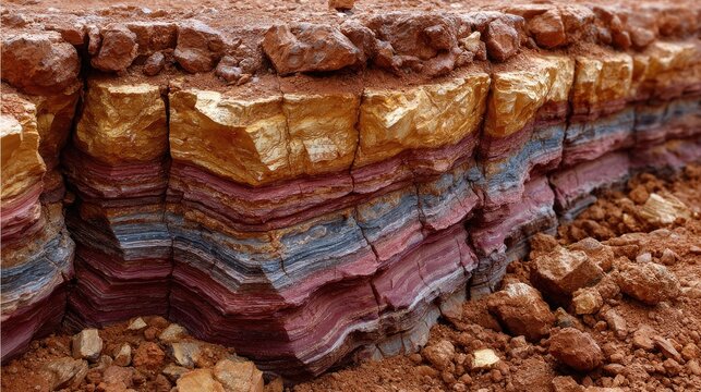 Geological Strata: A cross-section reveals layers of colorful rock strata, showcasing geological history and the formation of the earth's crust.