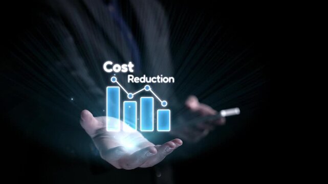 A pair of hands holding a glowing digital interface featuring graphs and icons representing cost reduction and business efficiency strategies in a modern setting. Qubit
