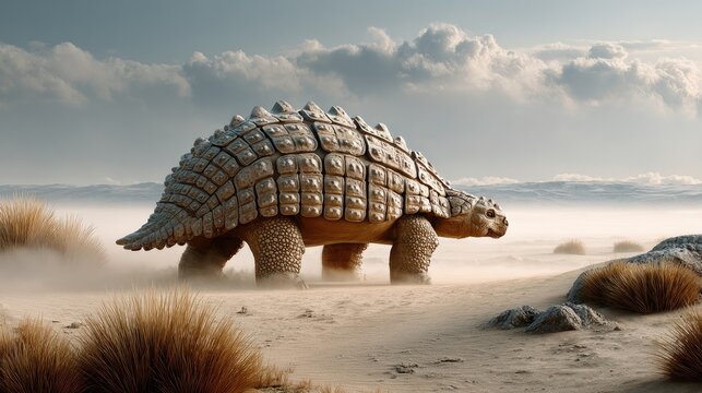 Ancient Armored Dinosaur in Desert Landscape: An imposing Ankylosaurus, a prehistoric dinosaur with a formidable armor plating and clubbed tail, traverses a dusty.