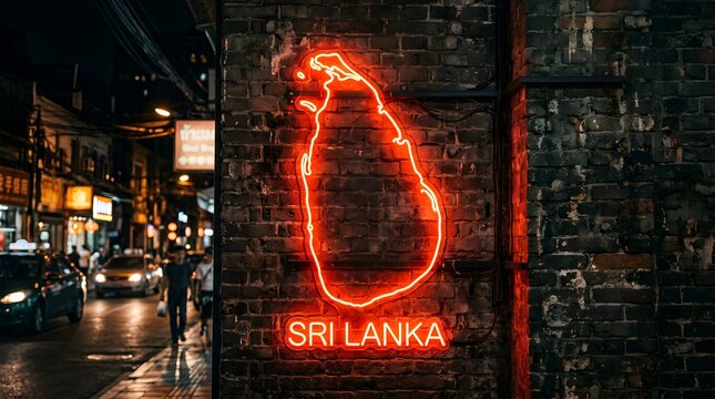 Glowing red neon sign depicting the map of Sri Lanka mounted on a dark weathered brick wall during a busy night in a vibrant city street