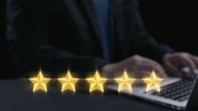 This image illustrates the concept of customer feedback with visual elements such as five golden stars representing ratings and speech bubbles discussing user reviews for businesses. Qubit