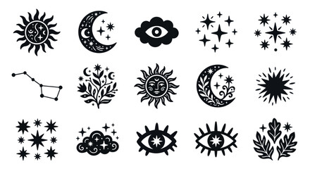 Celestial and mystical symbols set with sun moon stars and eyes. © Vario