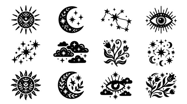 Celestial and mystical symbols set featuring sun, moon, stars, constellations, and evil eye designs.
