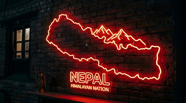 Bright red neon sign depicting the map of Nepal with mountain silhouettes mounted on a dark textured brick wall inside a dimly lit rustic room interior