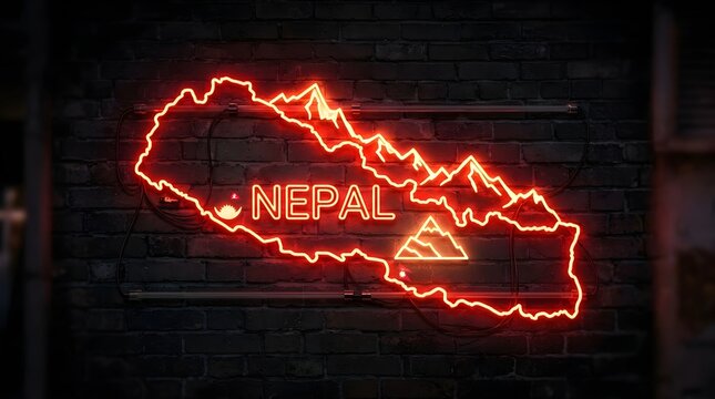 Bright red neon sign depicting the map of nepal with mountain silhouettes displayed on a dark textured brick wall background in a vibrant urban setting