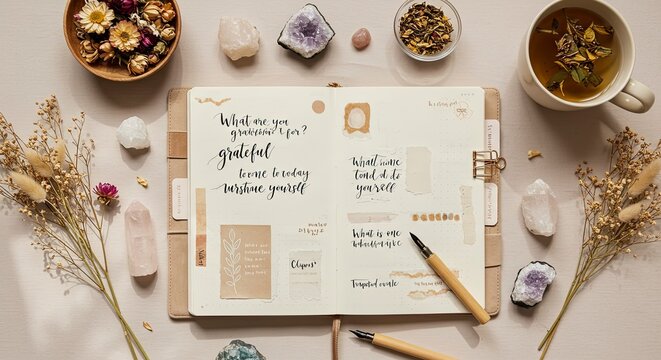 Gratitude Journaling Still Life: Crystals, Tea, Dried Flowers, and Inspiration.