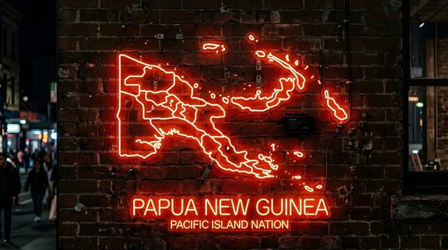 Bright glowing red neon sign depicting the map of papua new guinea mounted on a rustic weathered dark brown brick wall during a dark evening night