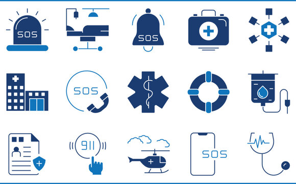 A set of icons related to Emergency. SOS, rescue, helicopter, medical, first aid, hospital, blood donation, and so on.