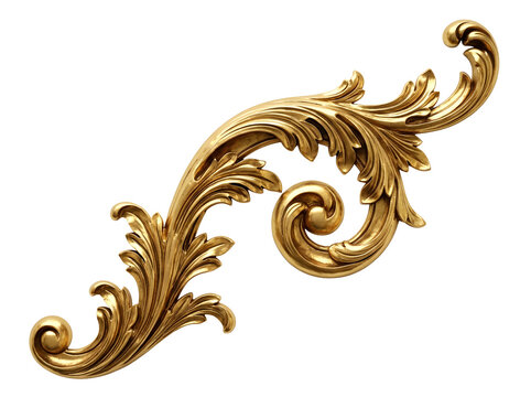 Golden ornate baroque acanthus leaf scroll isolated on transparent background