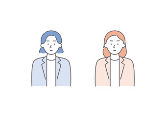 Obraz premium 喜怒哀楽の「怒」の表情をしているビジネスパーソンの女性二人組のイラストセット（青・ピンク）