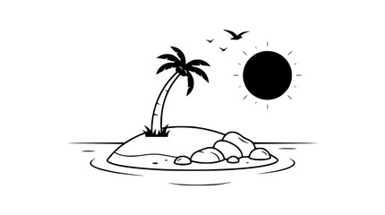 Minimalist Tropical Island with Palm Tree, Sun, and Birds - Black and White © illustration vector 