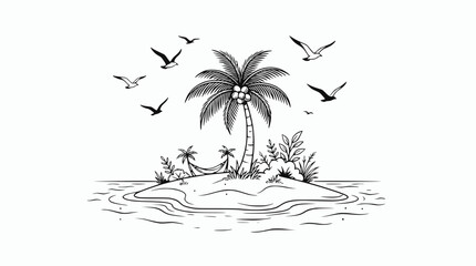 Hand-drawn tropical island with palm tree, hammock, and flying birds in black and white. © illustration vector 