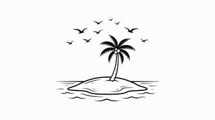Isolated Tropical Island Paradise with Palm Tree and Flying Birds © illustration vector 