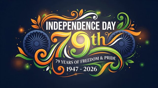Ornate 79th Independence Day typography with decorative swirls on a dark navy background.