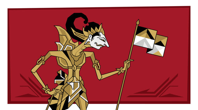 Wayang puppet character holding flag on red background backdrop.
