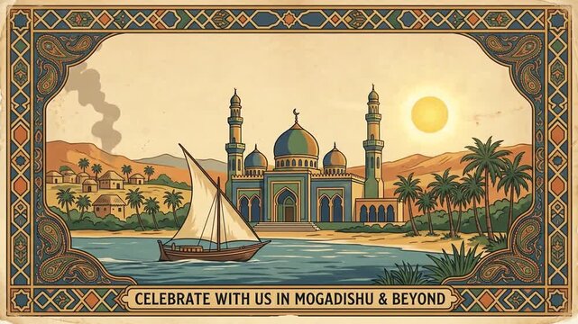 Vintage travel poster illustration of Mogadishu coastline and mosque.