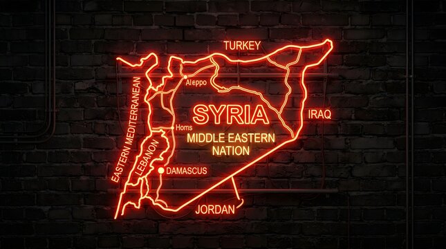 Vibrant glowing red neon sign depicting the map of Syria with major city names and surrounding country borders mounted on a dark textured brick wall background.