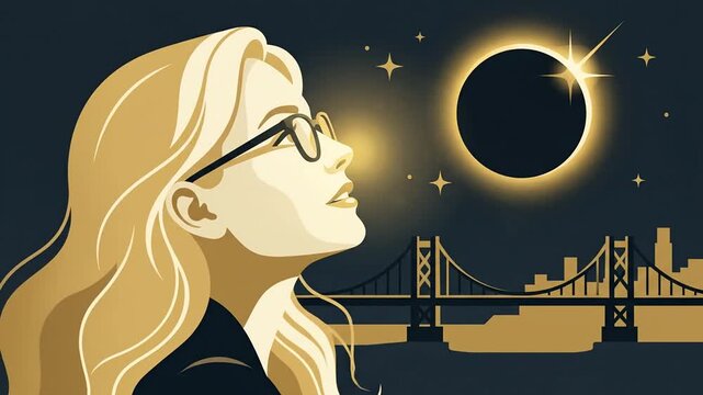 Woman watching solar eclipse over city bridge illustration.