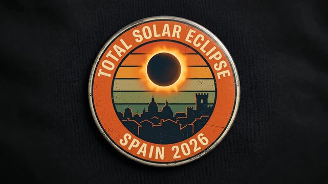 Circular emblem for Total Solar Eclipse Spain 2026 on black fabric.