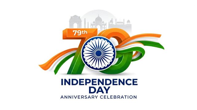 Clean 79th Independence Day logo with tricolor waves and Ashoka Chakra on white.