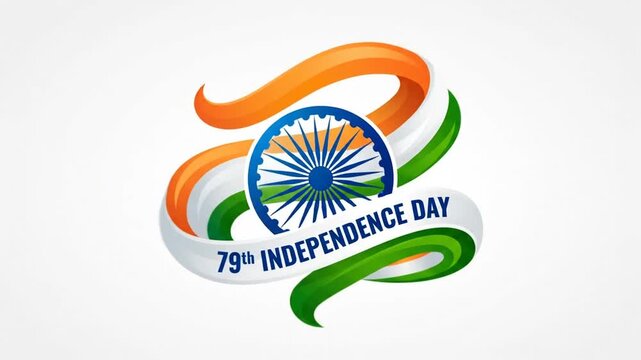 Dynamic tricolor ribbon swirl with Ashoka Chakra for India's 79th Independence Day.