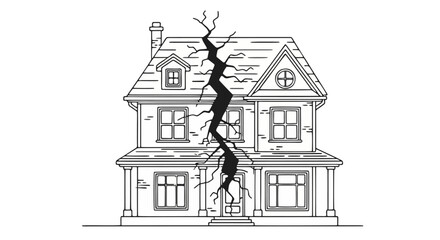 Fototapeta premium A detailed line art illustration of a residential suburban home structure suffering from a large vertical structural crack splitting the center