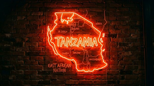 Vibrant neon sign displaying the map of tanzania with surrounding east african countries glowing in bright orange light mounted on a rustic textured dark brick wall