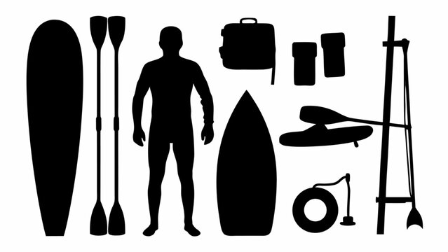 Set of silhouettes of surfing and paddleboarding equipment and a person
