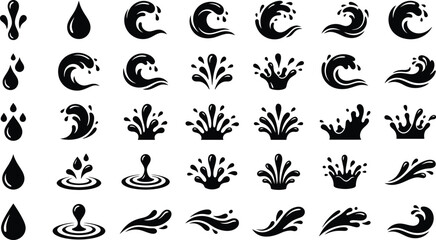 Obraz premium Black water icon set featuring dynamic ocean waves, liquid splashes, falling drops, ripple elements, and fluid fountains for modern graphic design layout templates.