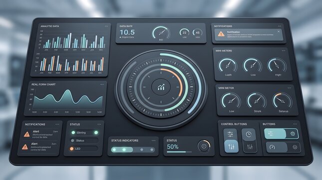 Modern dark UI dashboard with financial charts and data visualization