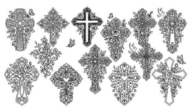 Elegant Cross and Rose Illustration Collection with Celtic Heart Ornate Pattern Coloring Page Set