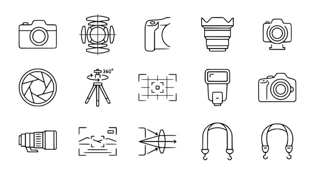 Photography Icons: Camera, Lens, Tripod, Flash, Strap, Aperture, Focus - Line Art Set