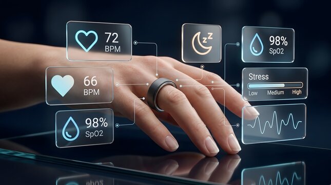 Wearable smart ring displays real-time health metrics on futuristic interface