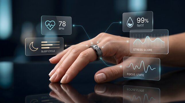 Smart ring displays health data: heart rate, SpO2, sleep, stress, focus