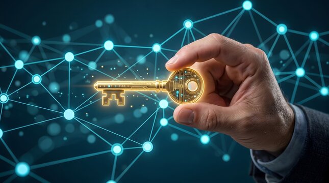 Golden digital key unlocking abstract network connections, representing data access and cybersecurity