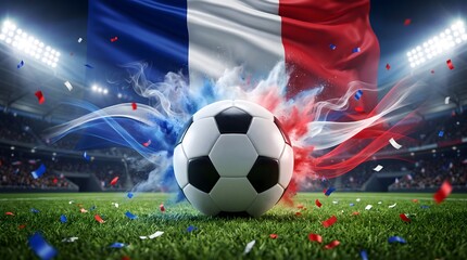 Naklejka premium France soccer victory celebration with flag, confetti and stadium lights