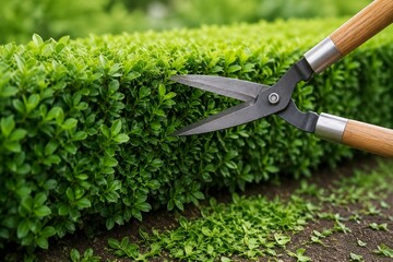Obraz premium Sharp garden shears trimming a manicured green hedge, fresh cuttings on soil.